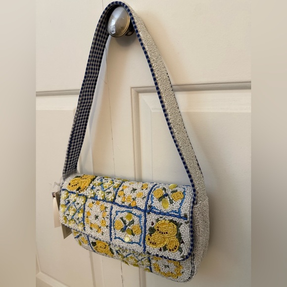 Handcrafted in India Beaded Bag Lemon Tiles with Gingham Interior - Picture 5 of 8